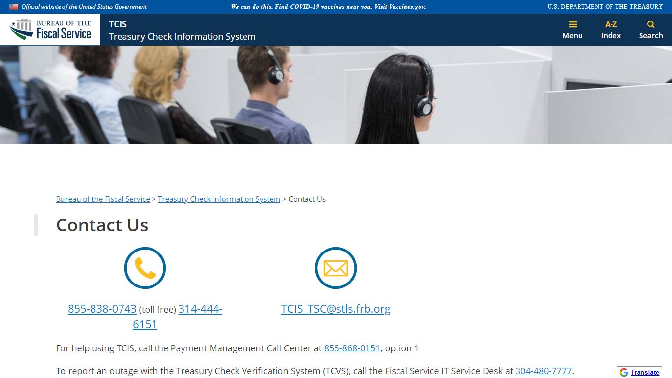 Treasury Check Information System - Contact Us